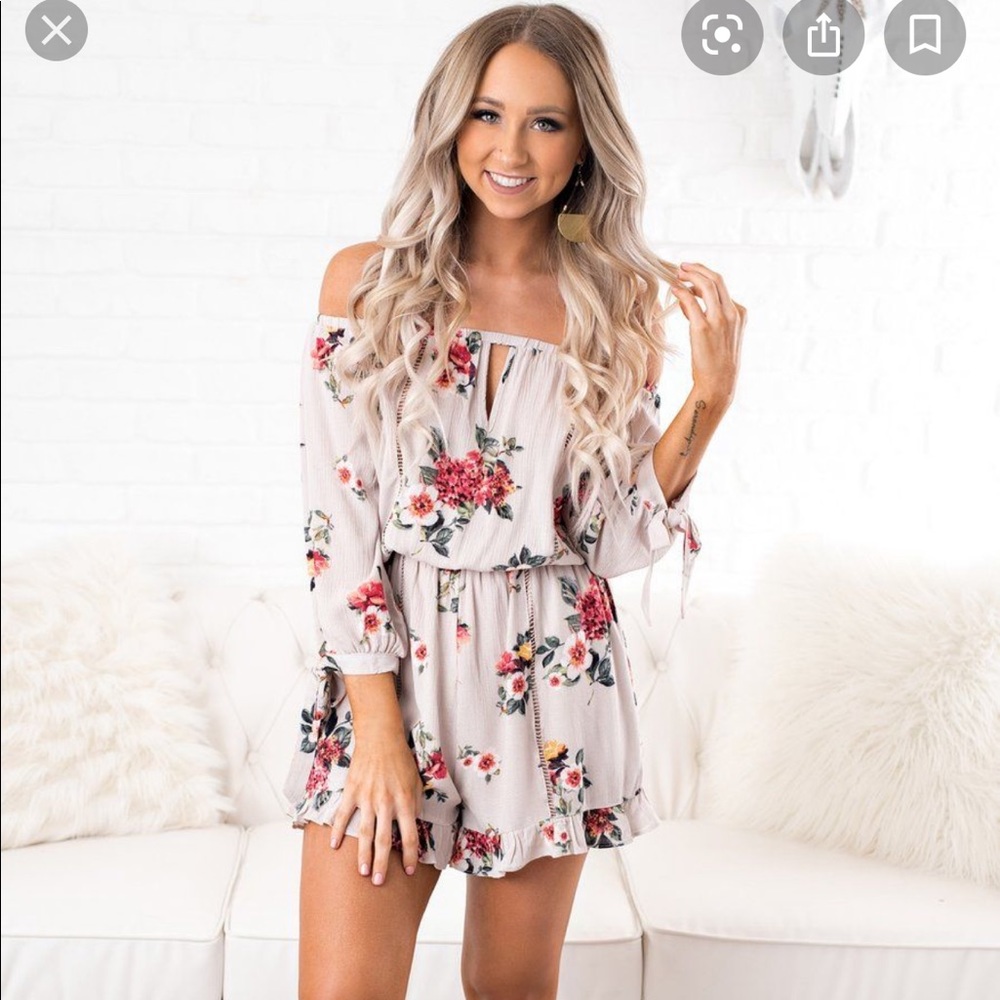 NanaMacs Floral Off-Shoulder Romper - Cream and Red